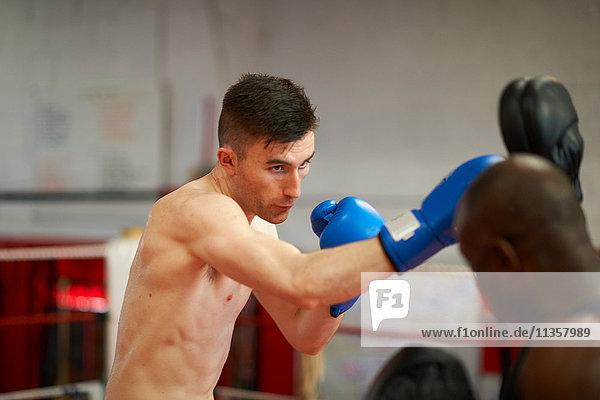 Boxer beim Training mit Trainer im Boxring