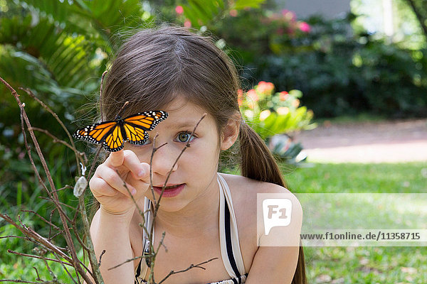 Mädchen betrachtet Monarchfalter auf Pflanze