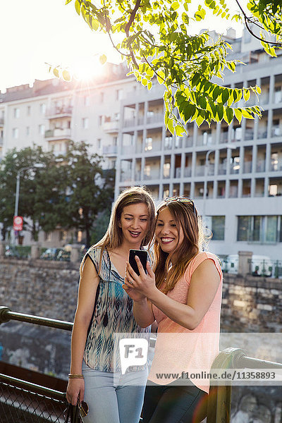 Zwei erwachsene Freundinnen lesen Smartphone-Texte in der Stadt  Wien  Österreich