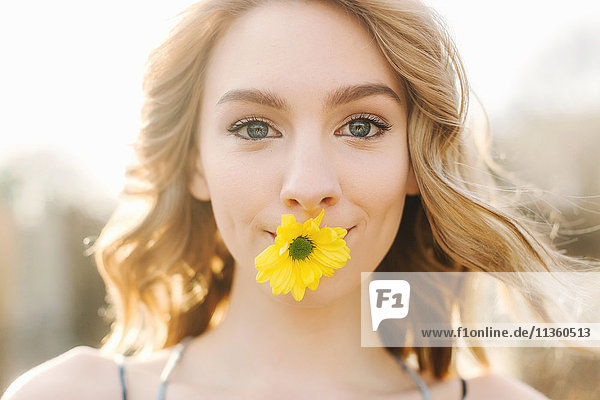 Bildnis einer jungen Frau mit gelber Blume im Mund