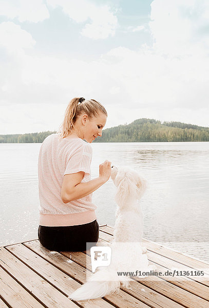 Frau streichelt Hund Coton de tulear am Seepier  Orivesi  Finnland