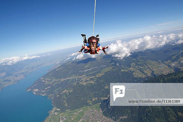 Tandemspringer im freien Fall als Fallschirmabwurf  Interlaken  Bern  Schweiz
