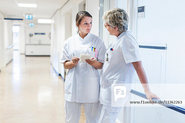 Krankenschwestern im Krankenhauskorridor diskutieren