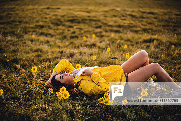 Frau liegt auf Gras in blumenreicher Wiese  Rocky Mountain National Park  Colorado  USA
