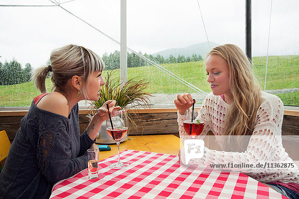 Zwei Freundinnen mit Rosenwein im Cafe