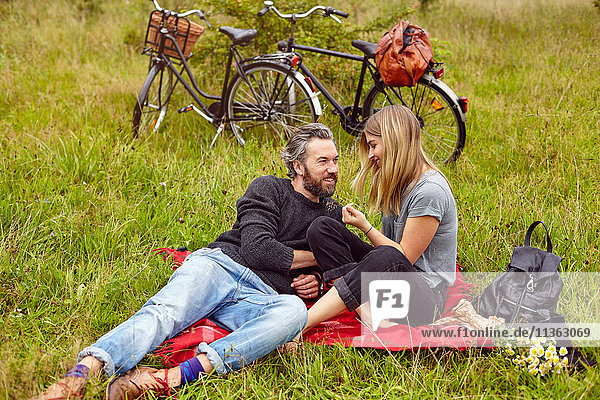 Romantisches Paar sitzt beim Picknick auf dem Feld