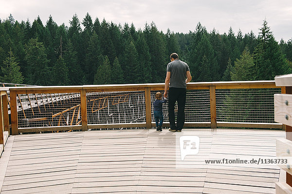 Vater und Sohn stehen auf der Brücke  Rückansicht  Kinsol Trestle Bridge  Britisch-Kolumbien  Kanada