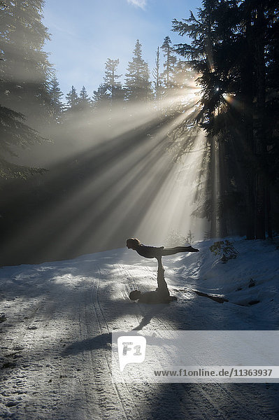 Silhouetten von Akrobaten beim Balancieren im schneebedeckten Wald  Froschteich  Mount Hood  Oregon  USA