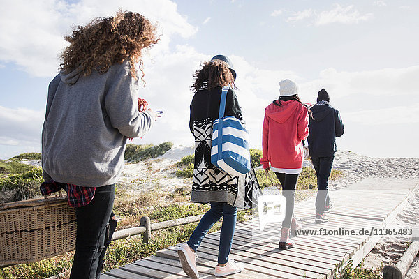 Rückansicht von jungen erwachsenen Freunden  die an der Strandpromenade entlang schlendern und Smartphones lesen  Western Cape  Südafrika