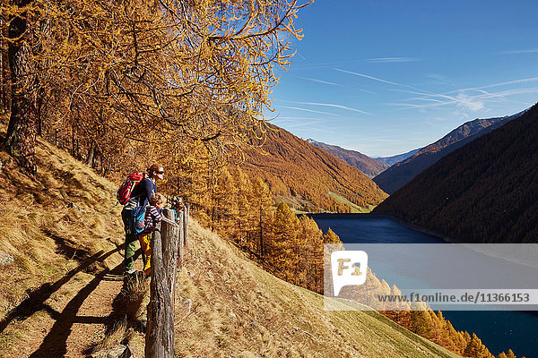 Familie schaut auf Ansicht  Schnalstal  Südtirol  Italien