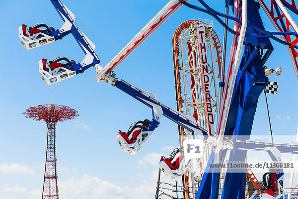 Low angle view of amusement park ride at Coney Island amusement park  New York  USA