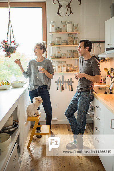 Mittleres erwachsenes Paar mit Rotwein im Gespräch in der Küche