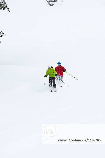 Zwei Skifahrer  Skiabfahrt  Niedrigwinkelansicht