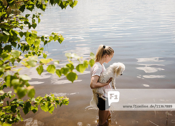 Frau steht im See und trägt einen Hund mit Coton de Tulear  Orivesi  Finnland