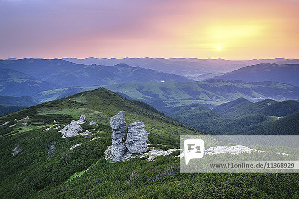 Ukraine  Ivano-Frankivsk region  Verkhovyna district  Carpathians  Chernohora  Mountain landscape at sunset
