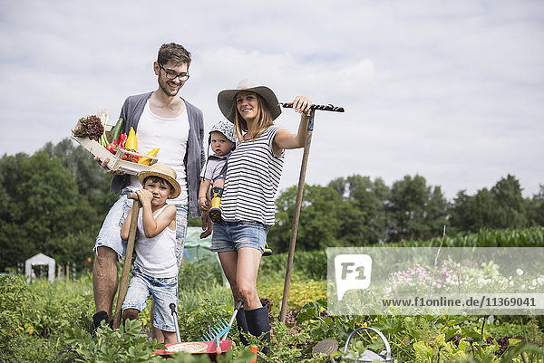 Familie erntet Gemüse im Gemeinschaftsgarten
