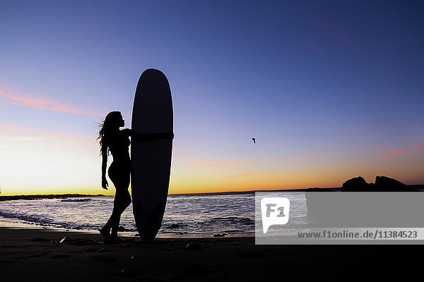 Silhouette einer kaukasischen Frau mit Surfbrett am Strand