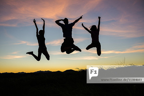 Silhouette of friends jumping for joy at sunset
