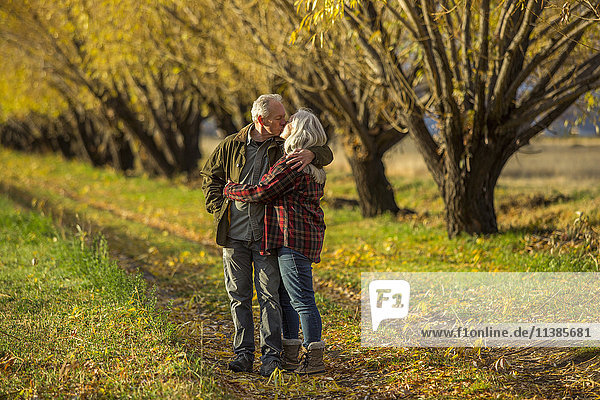 Kaukasisches Paar küsst sich in der Nähe von Bäumen im Herbst