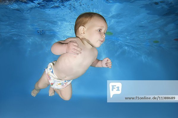 Baby  7 Monate  lernt unter Wasser im Pool schwimmen  Ukraine  Europa