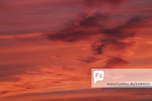 Orange rot verfärbter Wolkenhimmel nach Sonnenuntergang  Allgäu  Bayern  Deutschland  Europa