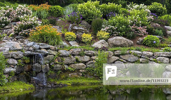 Felsengarten mit Blumen und kleinem Wasserfall  Eastern Townships  Quebec  Kanada  Nordamerika