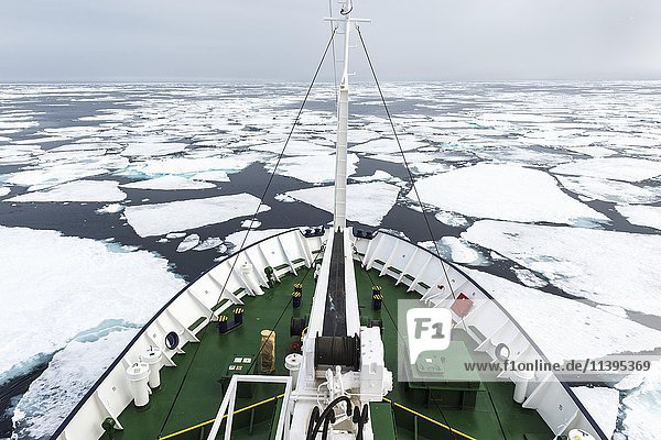 Expeditionsboot beim Navigieren durch schmelzendes Packeis  Arktischer Ozean  81° Nord und 26° Ost  Svalbard Archipel  Norwegen  Europa