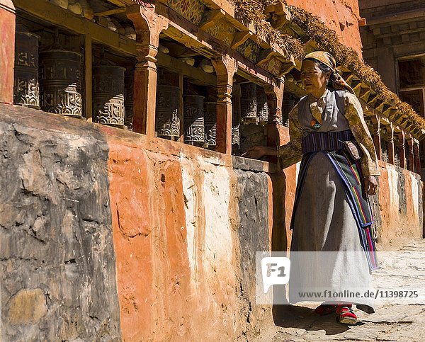 Native woman walking along Mani Wall and spinning prayer wheels  Kagbeni  Mustang District  Nepal  Asia