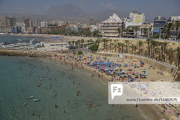 Touristen an der Playa Mal Pas Benidorm Provinz Alicante Costa Blanca Spanien Europa