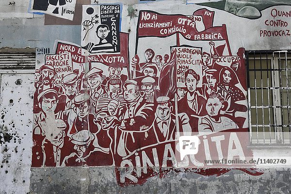 Political mural  artist Francesco del Casino  workers protesting  Orgòsolo  Province of Nuoro  Sardinia  Italy  Europe