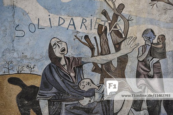 Political mural  cubism  solidarity  poverty  mother and child  Orgòsolo  Province of Nuoro  Sardinia  Italy  Europe