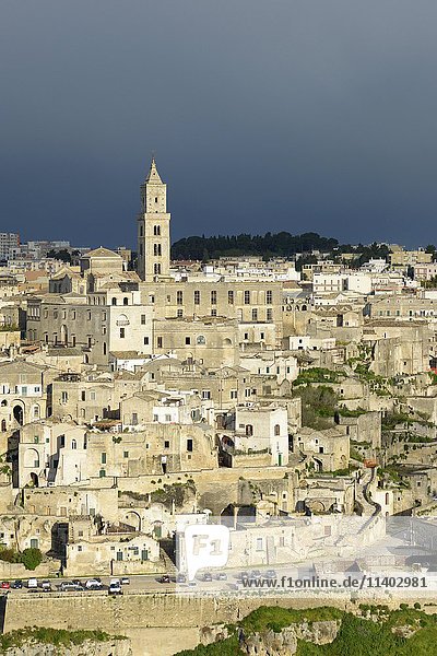 Sassi di Matera  view of historic center and old town  thunderstorm atmosphere  dark sky  Basilicata  Italy  Europe