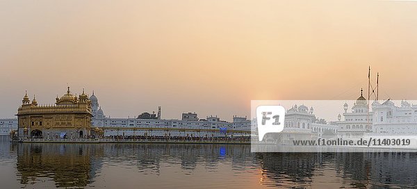 Sunset at the Sikh sanctuary Harmandir Sahib or Golden Temple in the Amrit Sagar  Lake of Nectar  Amritsar  Punjab  India  Asia