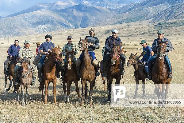 Traditional Kokpar or buzkashi on horses  outskirts of Gabagly National Park  Shymkent  South Region  Kazakhstan  Asia