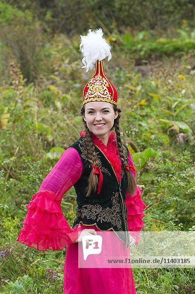 Young Kazakh woman  Kazakh ethnographic village aul Gunny  Talgar  Almaty  Kazakhstan  Asia