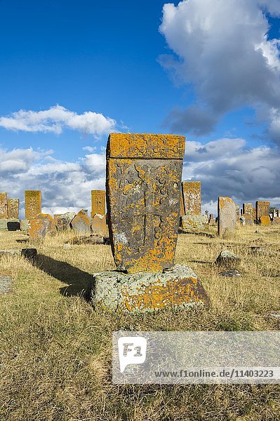 Mittelalterlicher Friedhof von Noratus  Chatschkar  geschnitzte Stelen  Sewansee  Gegharkunik  Kaukasus  Armenien  Asien