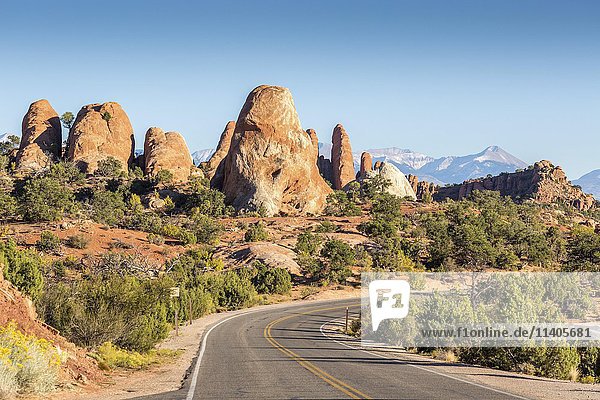 Straße und Felsformationen  Arches National Park  Rocky Mountains im Hintergrund  Utah  USA  Nordamerika