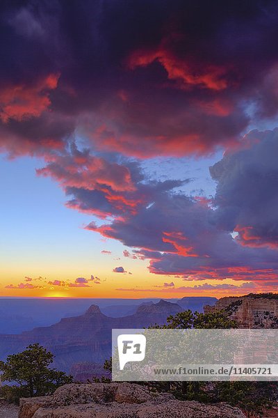 Grand Canyon  Sonnenuntergang  leuchtend rote Wolken  North Rim  Grand Canyon National Park  Arizona  USA  Nordamerika
