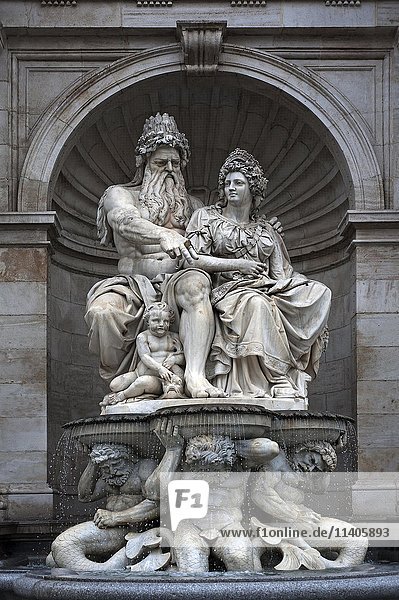Albrecht fountain sculpture  unveiled in 1869  male symbolic of Danube  woman symbolic of Vienna  Albertina Museum  Vienna  Austria  Europe