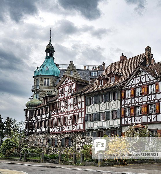 Fachwerkhäuser in der Straße  Promenadenstraße  historisches Zentrum  Arbon  Bodensee  Kanton Thurgau  Schweiz  Europa