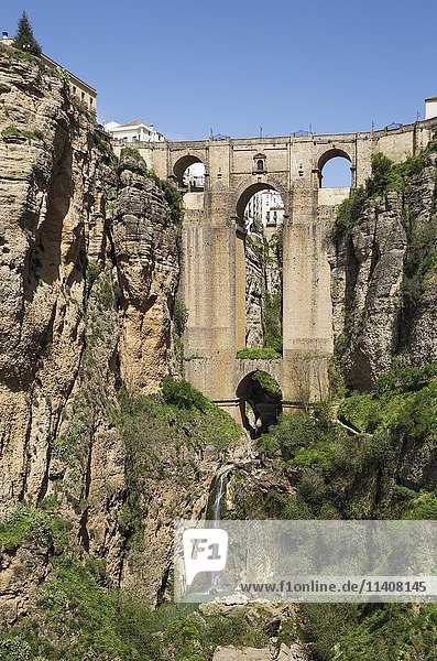 Puente Nuevo mit Tajo-Schlucht und Fluss Río Guadalevín  Ronda  Provinz Malaga  Andalusien  Spanien  Europa