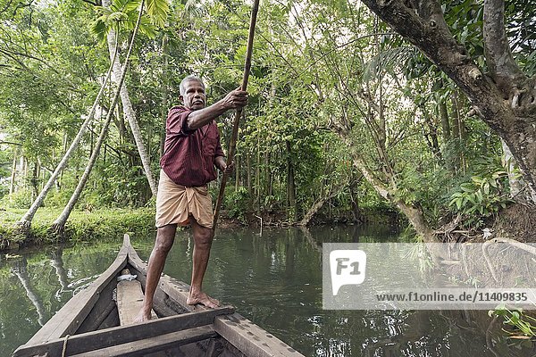 Bootsführer mit Stocherstange auf Fluss  Backwaters  Kerala  Indien  Asien