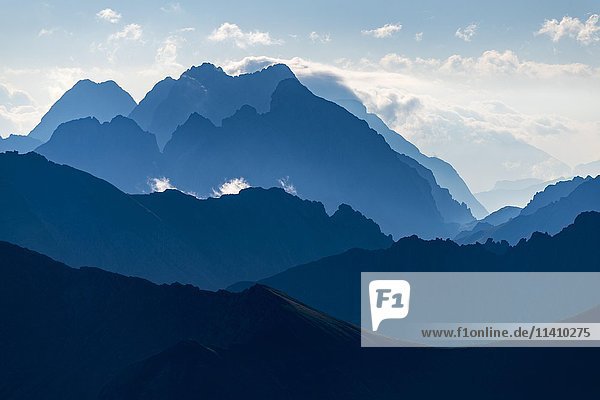 Ehrwald mountains in blue morning mist  Elemen  Lechtal  Bezirk Reutte  Tyrol  Austria  Europe