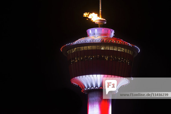 'The Calgary Tower at night with the olympic flame lit; Calgary  Alberta  Canada'