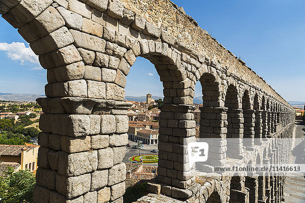 'Segovia's Aqueduct is one of the architectural symbols of Spain built in the 2nd Century A.D; Segovia city Castilla Leon Spain'