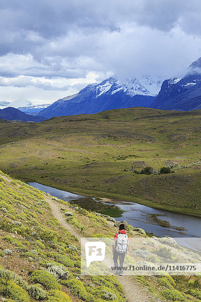 'Hiker in Torres del Paine National Park in Chilean Patagonia; Magallanes  Chile'