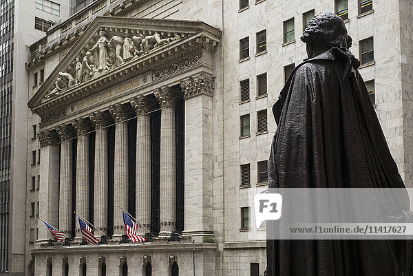 'George Washington statue  New York Stock Exchange on Wall Street; New York City  New York  United States of America'