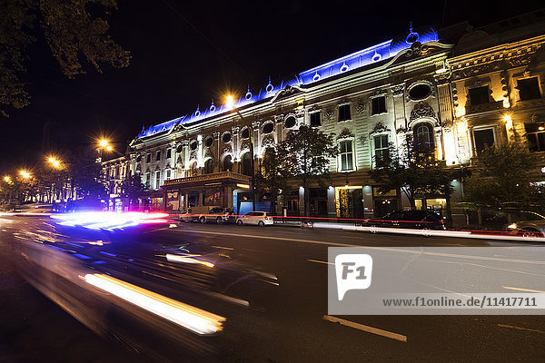 'Rustaveli Theatre on Rustaveli Avenue at night; Tbilisi  Georgia'