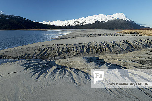 'Twenty Mile River in Portage area  next to Seward Highway at low tide showing mud flats; Alaska  United States of America'