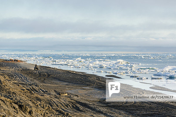 Two native Alaskan men drive an ATV down a sand beach along the Arctic Ocean filled with sea ice in summer  North Slope  Arctic Alaska  USA